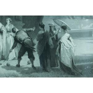 Old Engraving Petanque Ball Players Baron Girardet Goupil 19th