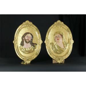 Old Pair Of Large Medallion Golden Wood Christ Virgin Frame Cartapesta 18th Religion