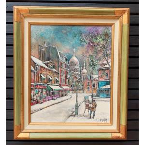 Claude Dumont Modern Painting Paris Snow Montmartre Place Du Tertre Self Portrait