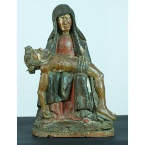 Old Large Religious Statue Pieta Gothic Polychrome Carved Wood XV