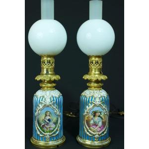 Old Large Gilt Bronze Porcelain Oil Lamp Madeleine Castaing 19th X 2