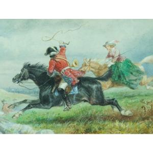 Richard Beavis Old English Drawing Couple Of Riders Hunting With Hounds 19th