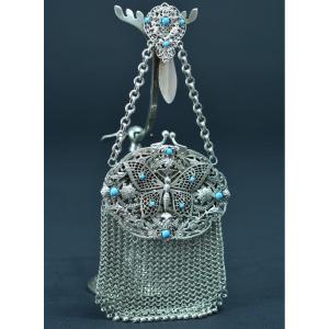 Large Chaplain Lady's Purse Turquoise Butterfly Mesh Filigree Old Art Nouveau Jewel