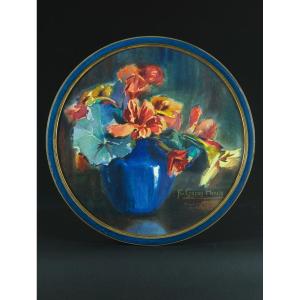 Old Watercolor Painting Herzig Art Deco Bouquet Of Flowers Pansies Vase Tondo