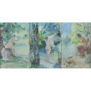 Louis Delfau Old Painting Portrait Naked Woman Bathers Nymph Three Graces In The Bath