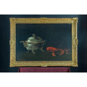 Edouard Dufeu Large Still Life Painting Lobster Tureen Bodegón St Manet 19th Rosenberg