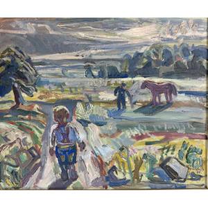 Olle Nordberg Old Fauve Expressionist Painting 1960 Animated Landscape Sweden Design