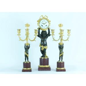 Henry Dasson Old Clock Signed Gilt Bronze Porphyry Love Angel Trim