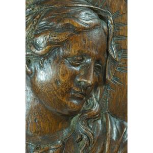 Old Flemish Baroque Virgin Portrait 17th Carved Wood Oak Large Medallion