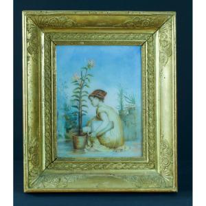Rare Old Painting Young Greek Portrait And Lily Allegory Fertility Marble Garden 19th