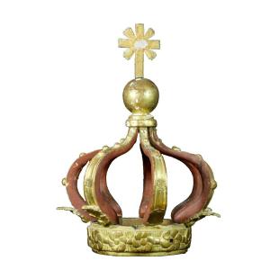 Large Crown Of Ancient Statue In Golden Wood From The 18th Virgin 41 Cm