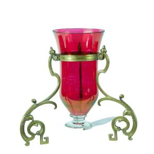 Old Large Church Oil Lamp Gothic Sanctuary Red Glass Bronze 19th