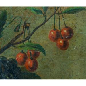Old Painting Still Life With Cherries Fruit Basket Bodegón Style 17th Hst