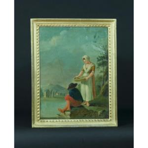 Old 18th Painting, Fisherman At The Edge Of A Lake French School Near Vernet