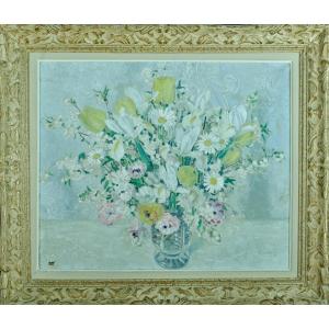 Hélène Rivière Old Painting Large Bouquet Of Flowers Art Deco Still Life Vase