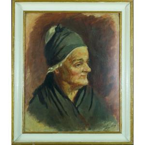 Lucien Jonas. Old Painting Portrait Of Norman Woman Villers-sur-mer Signed 