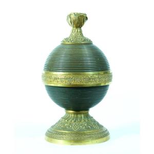 Old Empire Gilt Bronze Inkwell Feather Travel Bell Rare 19th Rose Lacquered