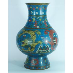 Old Large Hu Ming Vase Chinese Enamel Dragons Beads Lotus Cloisonné Rare