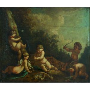 Beautiful Old Painting François Boucher Love Cherub Cupid Playing Landscape Portrait 18th