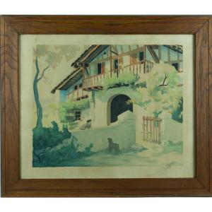 Raoul Serres Old Painting Basque Country House Portrait Man Art Deco Watercolor Landes 
