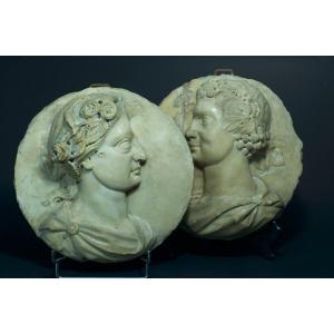 Old Baroque Marble Sculpture Italy Portrait Woman Ancient Rome Tondo 17th Medallion 