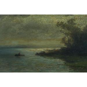 Hendrik Kruseman Van Elten Old Painting Animated Landscape Boat Shore Aurora 19th Holland 