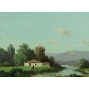 Alfred Godchaux Old Painting Animated Landscape Mountain Valley River Spring Pyrenees