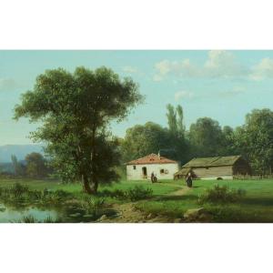 Alfred Godchaux Old Painting Animated Landscape Mountain Valley River Spring