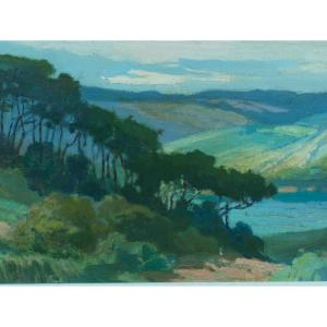 Pïerre Roblin Old Painting Panoramic Landscape Pines Parasol Landes River