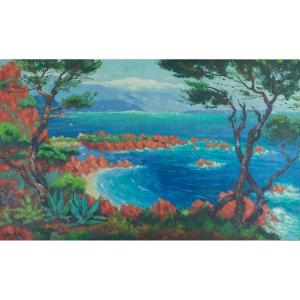Jehan Berjonneau Large Old Painting Landscape View Of Cannes French Riviéra 142cm