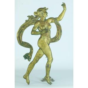 Old Large Gilt Bronze Facing Young Naked Woman Draped Antique Muse 40 Cm Signed Eb