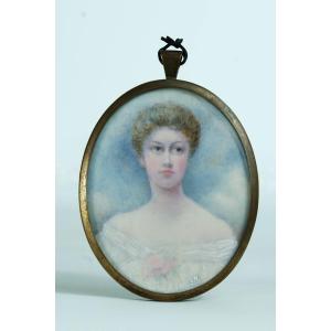 Beautiful Old Painting Portrait Young English Woman Miniature 19th Signed Located