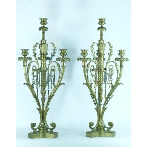 Antique Pair Of Louis XVI Bronze Candelabra Quiver Chain Candle Holder 60cm 19th