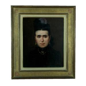 Beautiful Old Painting Portrait Of Young Woman Dress Adornment Blue Ribbon Signed 19th