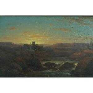 Old Painting Animated Landscape Riverside Ruin Chateau Monogram Ar 19th