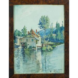 Pierre Louis Moreau View Of The Creuse Argenton Moulin Watercolor