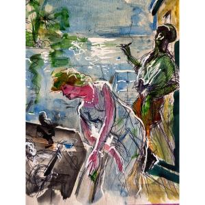 Old Drawing Jean Terles Characters On The Deck Of A Steamboat In The Evening Caribbean Decor