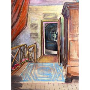 Old Interior Drawing House View Of Attic Attic Staircase Art Nouveau Signed