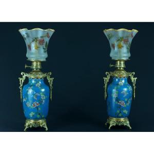 Old Oil Lamp Elephant Head Bronze Cloisonné Enamel China Pantin Glass