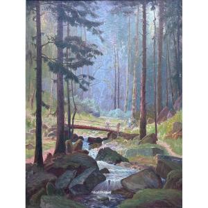 Léon Barotte Old Painting Landscape Portrait Walker The Gorge Des Roitelets Vosges Gérardmer