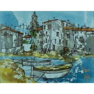 Bernard Dufour Modern Painting Marine The Port Of Saint Tropez La Ponche Boat 