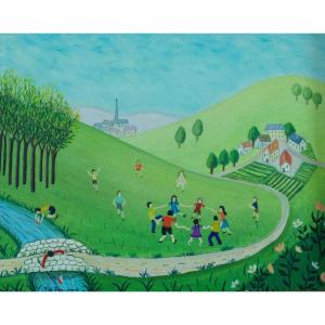 Thérèse Pouget Modern Painting The Childish Round Naive Landscape Cannes Jakovsky 
