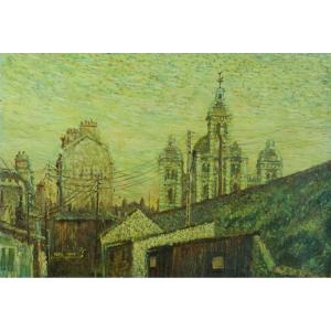Old Painting View Of Granville Landscape Post Impressionist Saint Paul Church Normandy