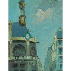 Oil On Canvas View Of Paris 1 Lively Street Saint Eustache Church Les Halles 20th
