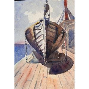 Mattéo Brondy Old Original Drawing Sky Navy Orientalist 1917 Morocco Boat Annex 