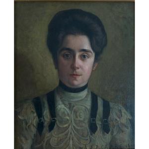 Jean Pierre Carré Old Painting Art Nouveau Portrait Young Woman Bordeaux Dress Hst 1900
