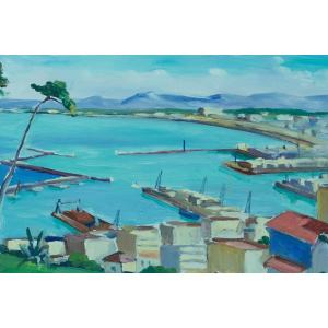  Emile Bou Old Orientalist Painting View Of The Port Bay Of Algiers Art Deco Marine Panorama