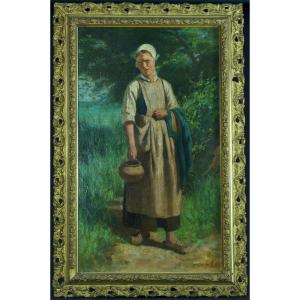 Old Painting Portrait Young Norman Peasant Woman Seaside Landscape Sv Laugée Feyen Brittany 