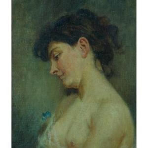 Jean Fabien Galey Old Art Nouveau Painting Portrait Of Young Woman Profile Nude Biarritz