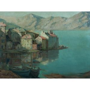 Painting View Of Corsica Village Saint-florent Gulf Signed Bouché Hst Art Deco Frame Marine